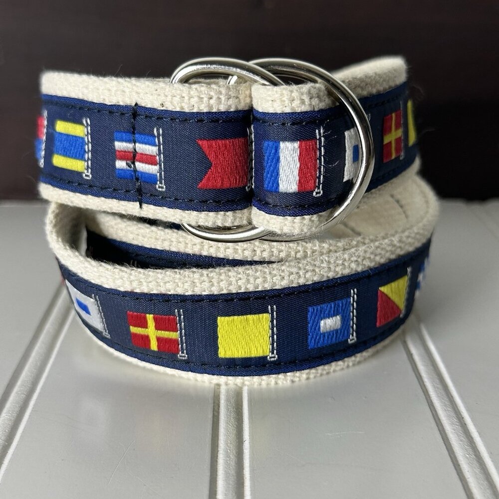 Eliza B. Men’s M 34-36 Code Flag Belt D-Ring Grosgrain Ribbon On Canvas Nautical